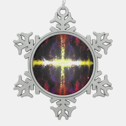 森カラフルのステンドグラス十字 スノーフレークピューターオーナメント (正面)