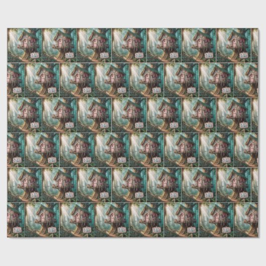 森ガーリーの中におもしろい看板があるツリーハウス ラッピングペーパー (フラット)