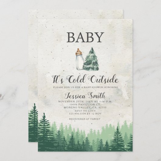 森クリスマスの赤ちゃんシャワー外は寒い 招待状 (正面/裏面)
