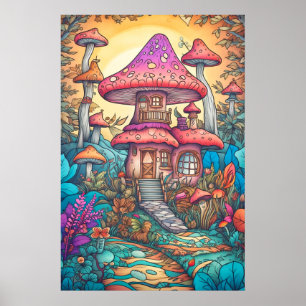 森サイケデリックのキノコ小屋深い ポスター