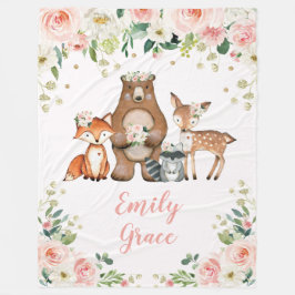 森フェミニンの動物/森赤面フローラ フリースブランケット