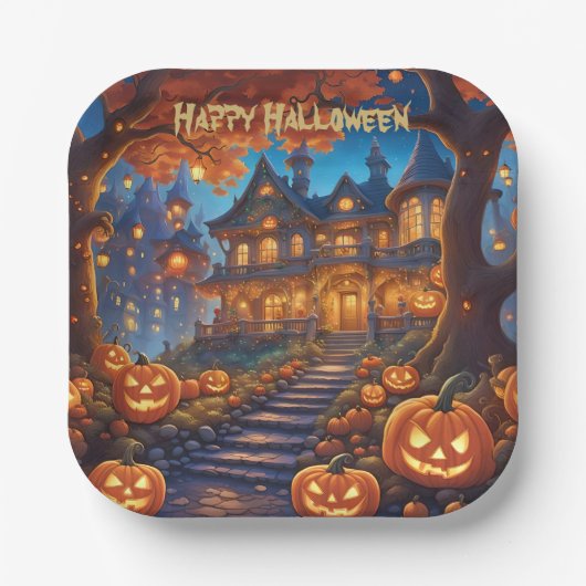 森不気味のヴィラ、カボチャ、ハロウィーン ペーパープレート (正面)