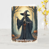 森不気味ハロウィンのスケルトン幽霊のよく出るウィッチ カード (黄色い花)