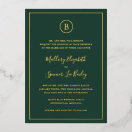 森伝統的緑エレガントな結婚式 箔招待状