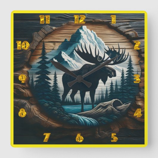 森威厳のあるに覆われた山の風景でムース スクエア壁時計 (正面)