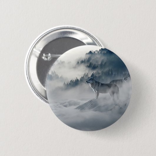 森威厳のあるの霧の中の狼 缶バッジ (正面&裏面)