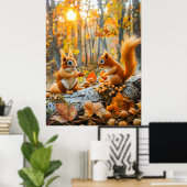 森感じの床にドングリを集めるリス ポスター (ホームオフィス)