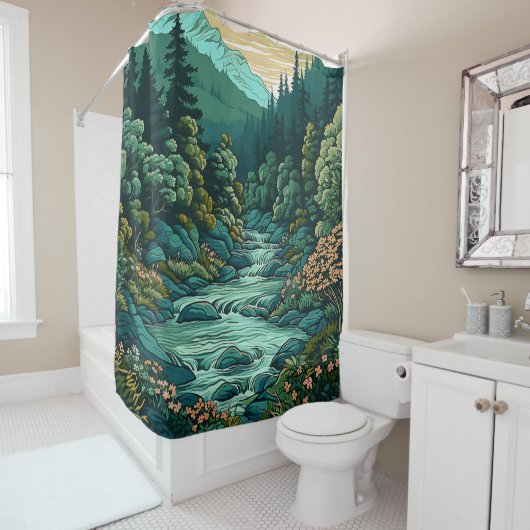 森日本の風景アニメアートスタイル シャワーカーテン (インサイチュ)