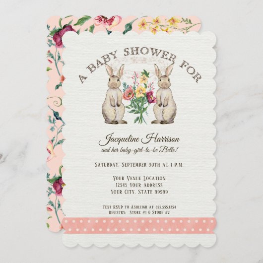 森林おとぎ話のウサギの女の子のベビーシャワーの芸術 招待状 (正面/裏面)