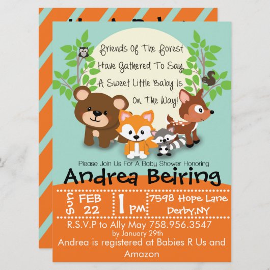 森林およびキツネのベビーシャワーの招待状 招待状 (正面/裏面)