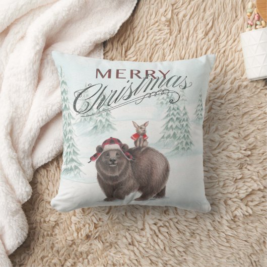 森林くまおよびバニーのメリークリスマスの枕 クッション (ブランケット)