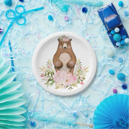 森林くまのピンクの花の森林女の子のベビーシャワー ペーパープレート (パーティー)