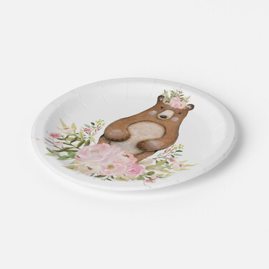 森林くまのピンクの花の森林女の子のベビーシャワー ペーパープレート (アングル)