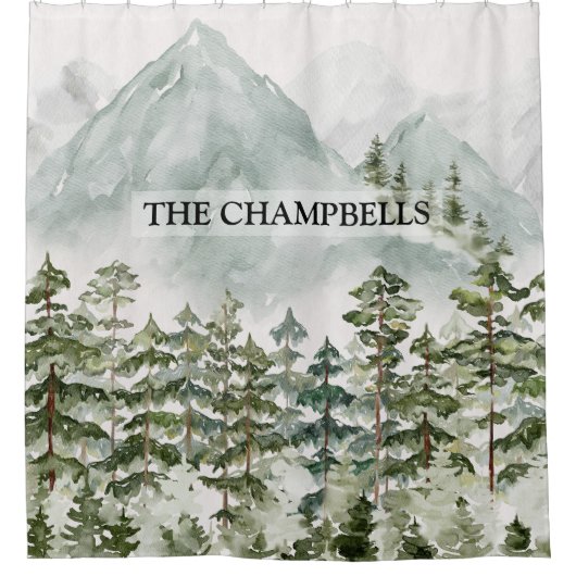 森林と山の自然水色 シャワーカーテン (正面)