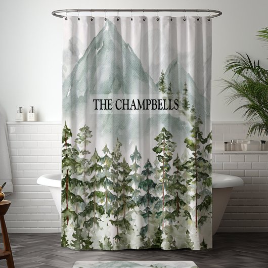 森林と山の自然水色 シャワーカーテン
