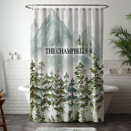 森林と山の自然水色 シャワーカーテン