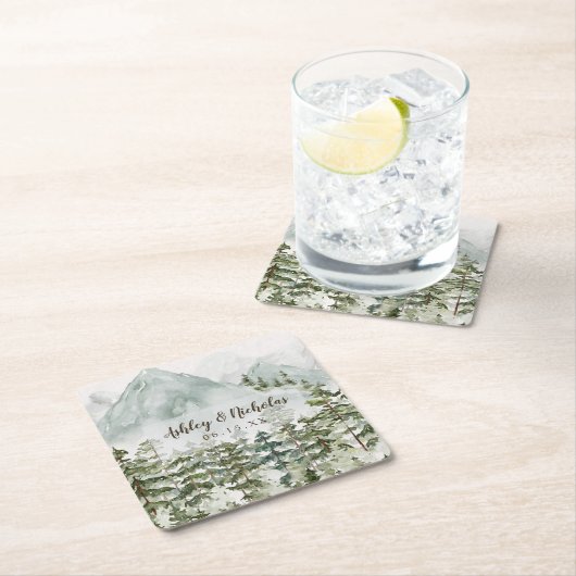 森林と山の自然水色 スクエアペーパーコースター (インサイチュ)