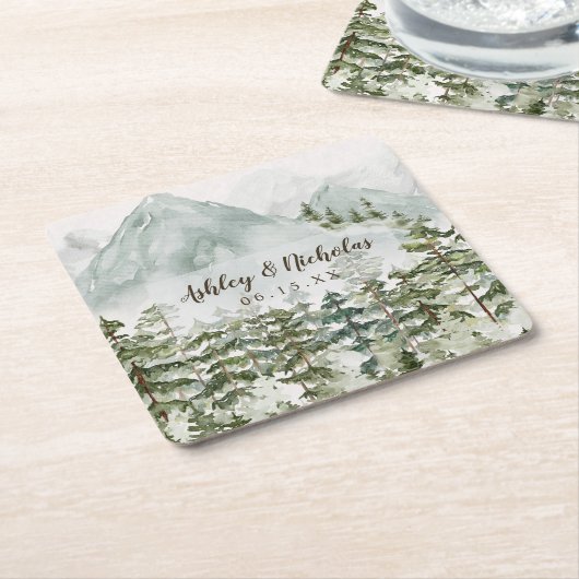 森林と山の自然水色 スクエアペーパーコースター (アングル)