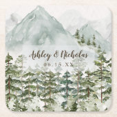 森林と山の自然水色 スクエアペーパーコースター (正面)