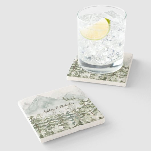 森林と山の自然水色 ストーンコースター (横)