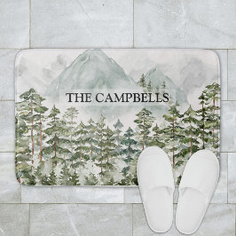 森林と山の自然水色 バスマット