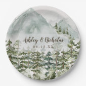 森林と山の自然水色 ペーパープレート (正面)