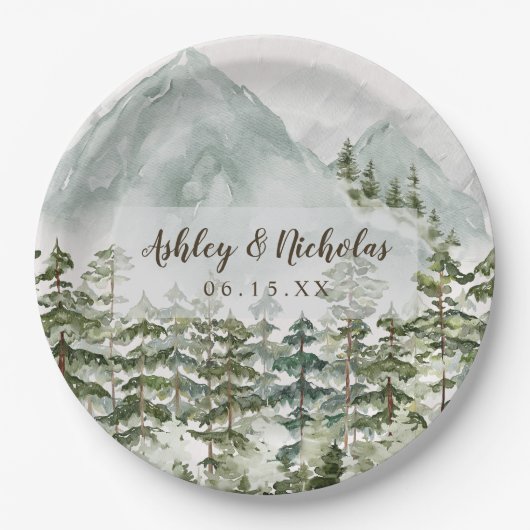 森林と山の自然水色 ペーパープレート (正面)
