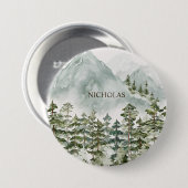 森林と山の自然水色 缶バッジ (正面&裏面)