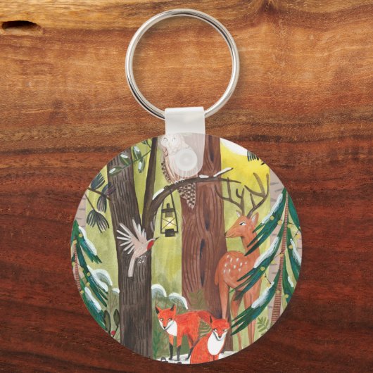 森林に囲まれた動物の緑の森 キーホルダー (正面)