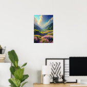 森林に覆われた丘のピンクの草原 ポスター (ホームオフィス)