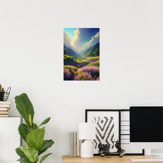 森林に覆われた丘のピンクの草原 ポスター (ホームオフィス)