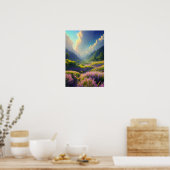 森林に覆われた丘のピンクの草原 ポスター (キッチン)