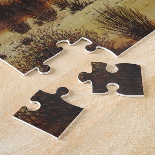森林に覆われた風光明媚な風景の夕日 ジグソーパズル (側面)