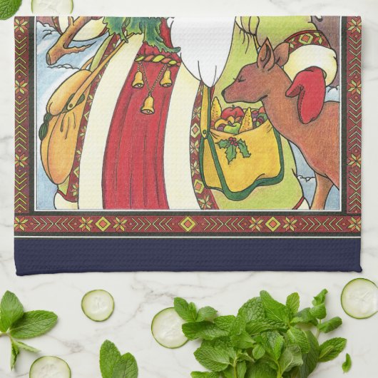 森林のサンタクロース鹿ヴィンテージクリスマス キッチンタオル (折り畳み)