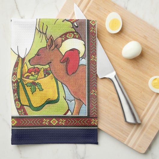 森林のサンタクロース鹿ヴィンテージクリスマス キッチンタオル (四つ折り)