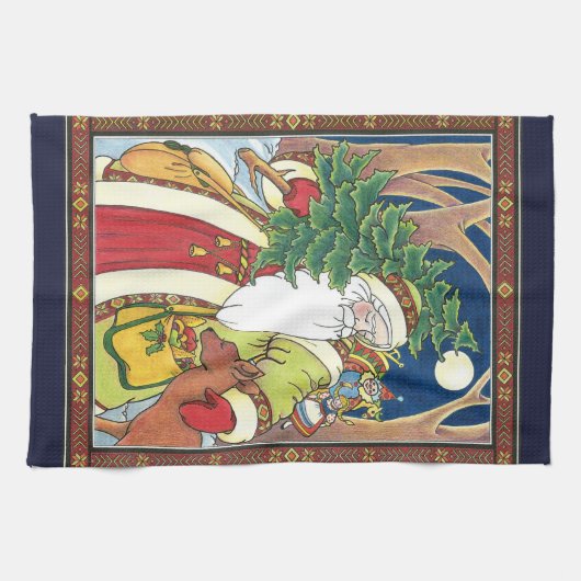 森林のサンタクロース鹿ヴィンテージクリスマス キッチンタオル (横)