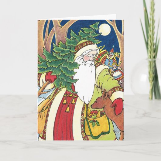 森林のサンタクロース鹿ヴィンテージクリスマス シーズンカード (正面)