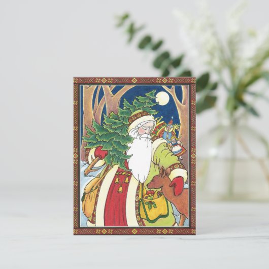 森林のサンタクロース鹿ヴィンテージクリスマス シーズンカード (スタンド正面)