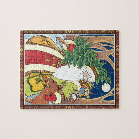 森林のサンタクロース鹿ヴィンテージクリスマス ジグソーパズル (横)