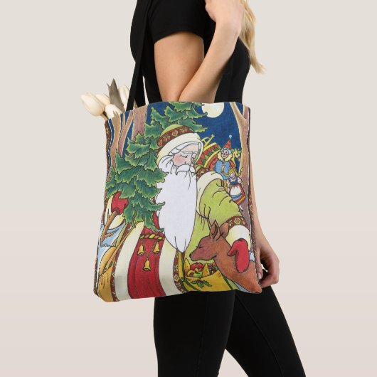 森林のサンタクロース鹿ヴィンテージクリスマス トートバッグ (クローズアップ)