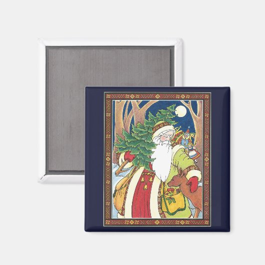 森林のサンタクロース鹿ヴィンテージクリスマス マグネット (正面/裏面)