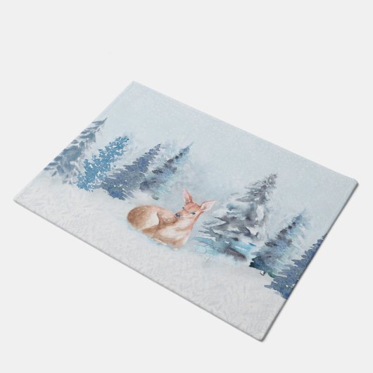 森林のシックな冬の水彩画のシカ ドアマット (アングル)