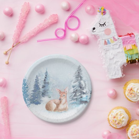 森林のシックな冬の水彩画のシカ ペーパープレート (パーティー)