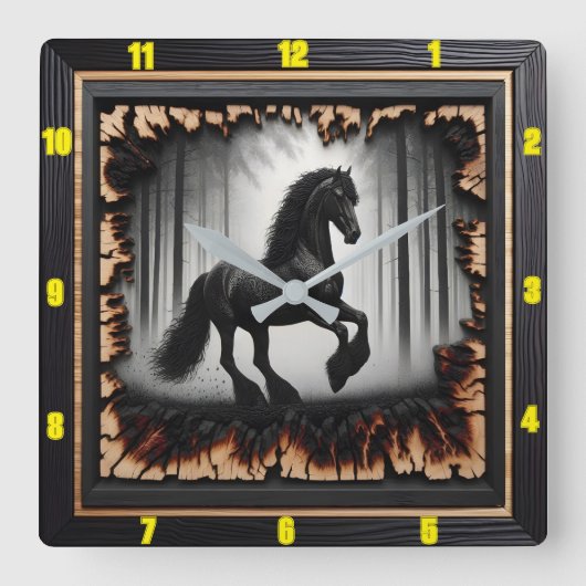 森林のパス:チャールドパーソナライズされたウッドフリージアン スクエア壁時計 (正面)