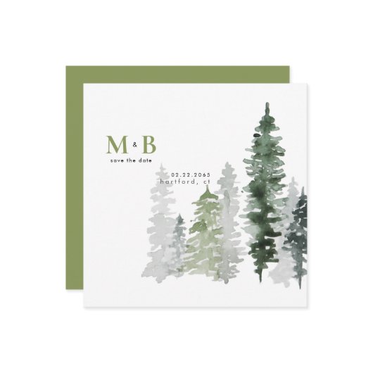 森林のモスグリーン モノグラム セーブ・ザ・デート スクエア (正面/裏面インサイチュ)
