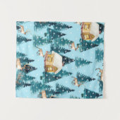 森林の冬の村と継ぎ目のない模様 タペストリー (正面(横))