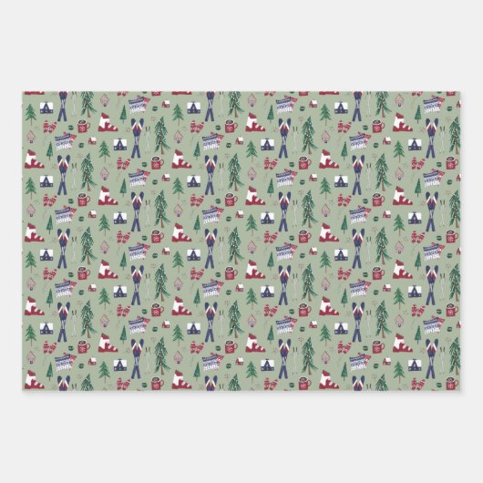 森林の動物の北欧スキークリスマスパターン ラッピングペーパーシート (正面3)