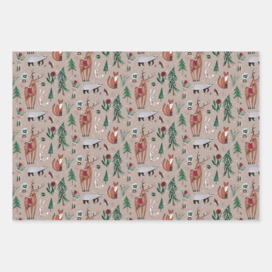 森林の動物の北欧スキークリスマスパターン ラッピングペーパーシート (正面2)