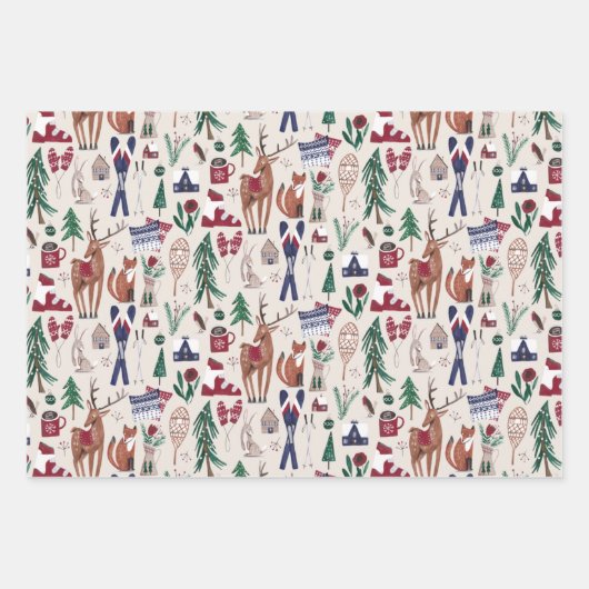 森林の動物の北欧スキークリスマスパターン ラッピングペーパーシート (正面)