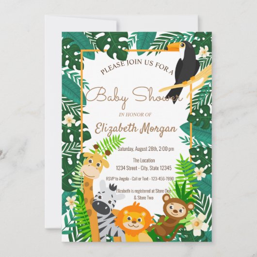 森林の動物、葉木林の赤ちゃんシャワー 招待状 (正面)